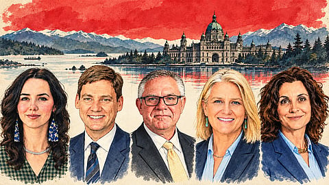 From left to right: BC Green Party leader Emily Lowan, former BC NDP leader David Eby, Conservative Party of BC leader Lorne Doerkson, CentreBC leader Elenore Sturko, and OneBC leader Dallas Brodie.