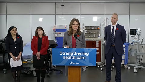 Premier Danielle Smith speaking to reporters about Alberta's plans for the 2026-27 RSV and influenza season. 