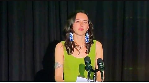 Green Leader Emily Lowan addresses supporters on election night 