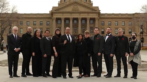 Alberta NDP leader Naheed Nenshi and caucus members gathered outside the Alberta Legislature Building for a video showing solidarity with Alberta teachers. 