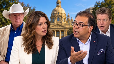 An AI image of Danielle Smith and Naheed Nenshi arguing, with Jeffrey Rath and Thomas Lukaszuk standing in the background. 