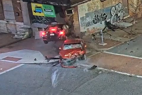 SEE IT:  Car being chased by Baltimore cops hits building causing collapse, pedestrian killed