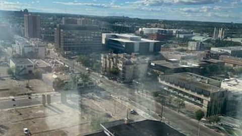The view from a hotel room at the Coast Edmonton Plaza Hotel by APA on Aug. 28, 2022 