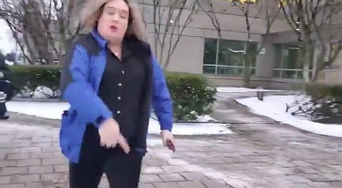 Jessica Yaniv berating then-Rebel News reporter Keean Bexte outside a BC provincial courthouse in January 2020.
