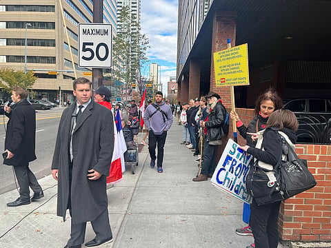 WATCH: About 30 people protest against gender ideology in Calgary