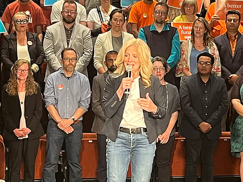Alberta NDP leader Rachel Notley alleged Premier Danielle Smith "flips more often than a pancake at Stampede." 