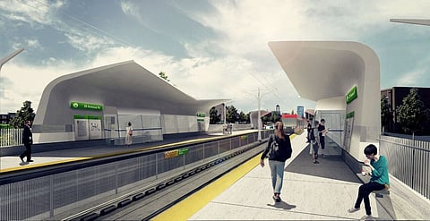 Artist rendering of the design of an at-grade station on Calgary's Green Line. 