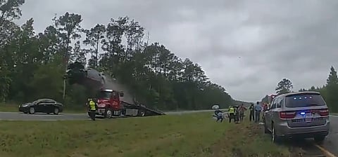 WATCH: Wild video shows car fly over tow truck, flip into air Dukes of Hazzard-style