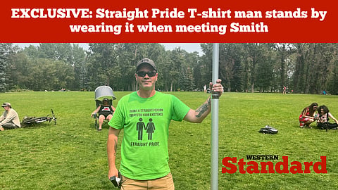 Straight Pride T-shirt man stands by wearing it when meeting Smith