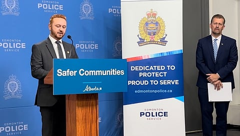 Alberta Minister of Justice and Attorney General Mickey Amery (L) and  Alberta Minister of Public Safety and Emergency Services Mike Ellis (R).