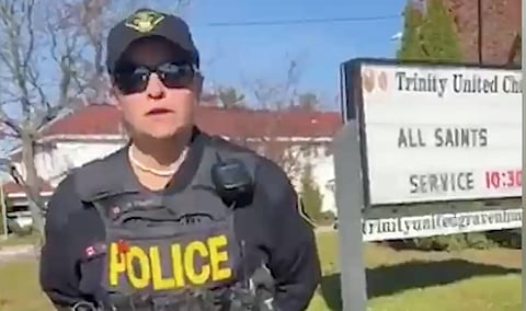 WATCH: Protester arrested outside a church drag queen event in Ontario