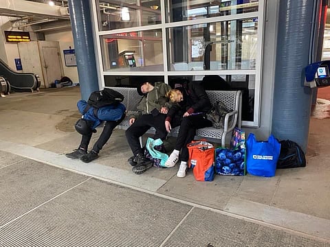 Addicts passed out in transit facility. 