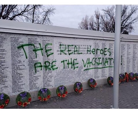 BC war memorial vandalized with pro vaccine message