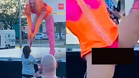 WATCH: A trans drag queen exposes her testicle while getting tipped by kids in Ontario
